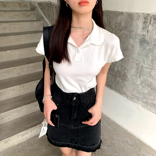 Real shot solid color polo collar short T-shirt