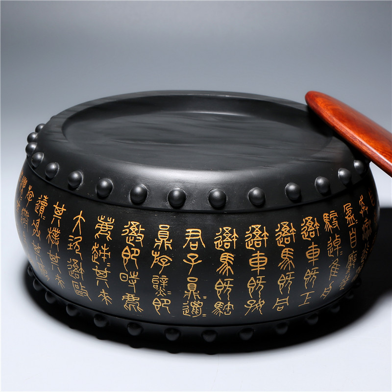 孤品名师老坑砚台/中华鼓砚/精品眉纹金星原石歙砚高档文房收藏端