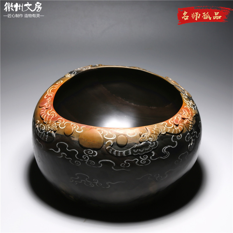 一物一拍孤品名师作品 祥云福海 老坑金晕原石墨海大砚台高档文房