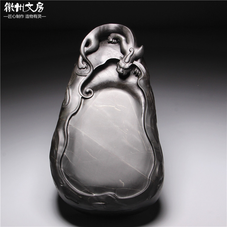 中国四大名砚歙砚螭龙戏水文房精品 老坑龟甲珍品收藏品老坑砚台