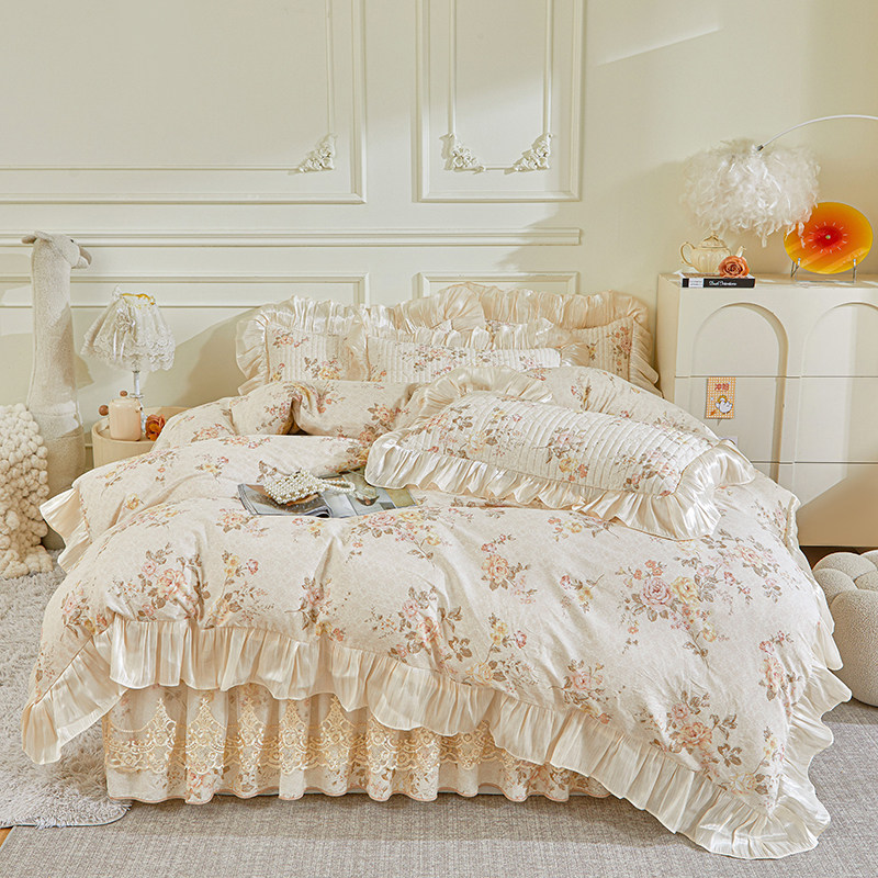 法式田园风全棉床裙款四件套纯棉床罩荷叶花边被套床上用品套件