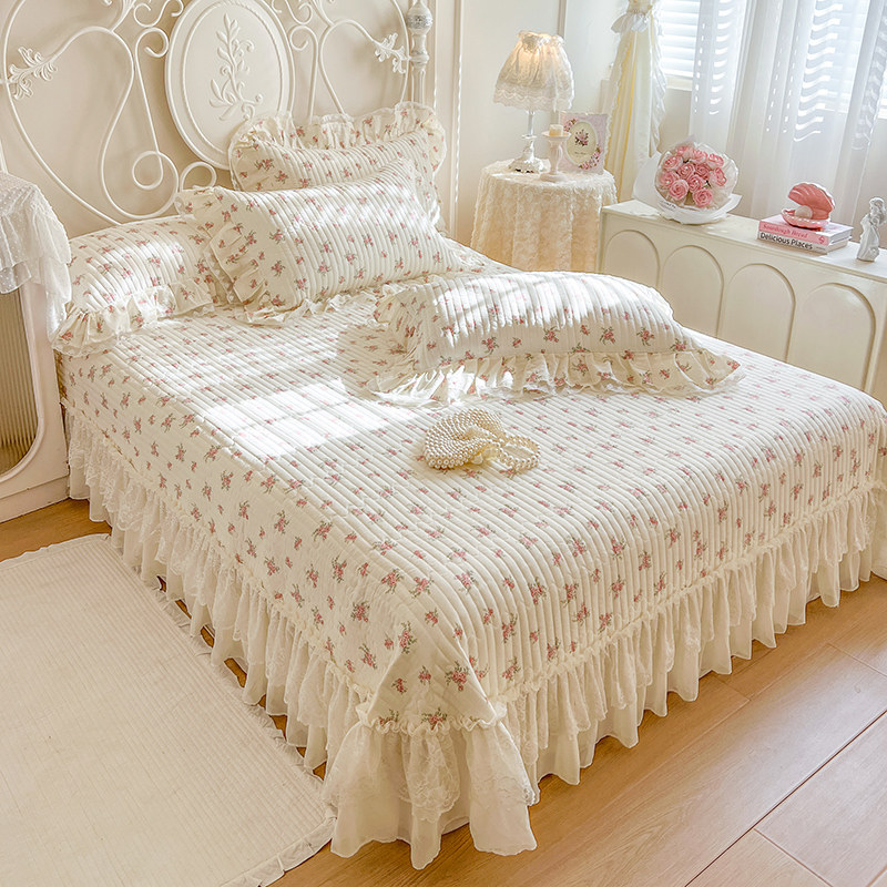 全棉双层纱床盖纯棉夹棉加厚床单小碎花蕾丝花边1.5m1.8米床套