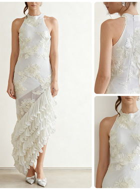 欧美2025白色挂脖刺绣礼服裙 无袖露肩+立体花朵绣 不规则荷叶边