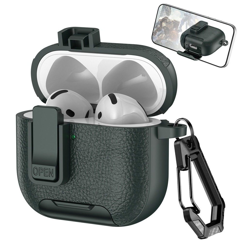 耳机壳军绿皮纹保护套锁扣支架ins简约新款适用苹果AirPods4无线蓝牙pro三代个性3一二代高级感2创意图片