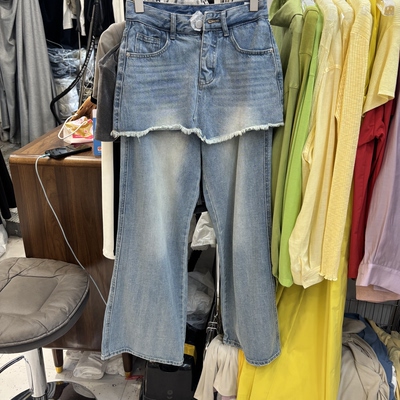 欧货9170正版春季新品复古假两件屁帘设计感微喇牛仔裤女拖地长裤