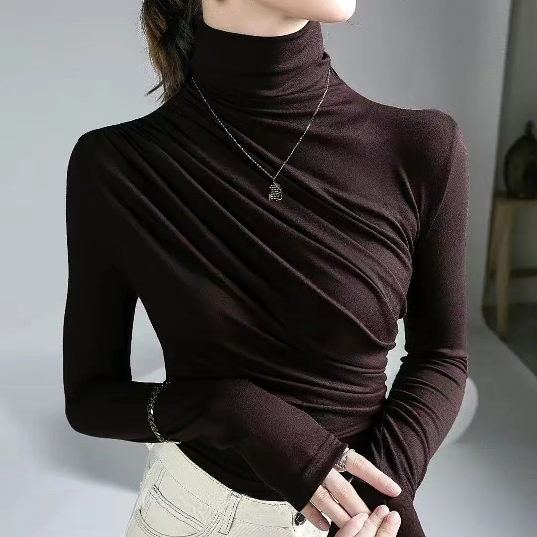 2025秋装女长袖时尚潮流甜辣打底衫个性高领洋气内搭时髦压褶T恤