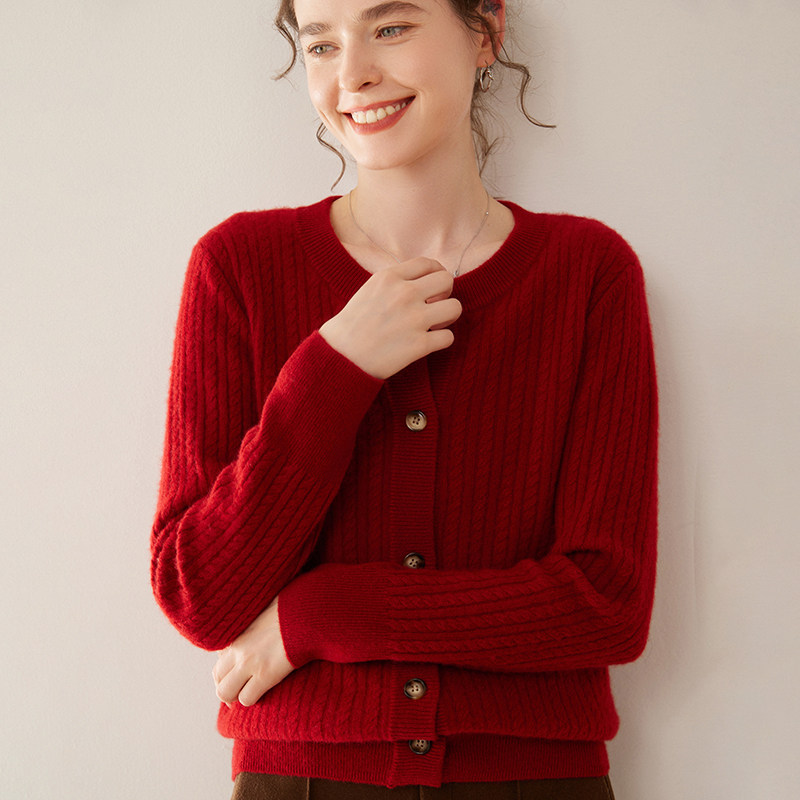 韩系24冬山羊绒开衫女圆领宽松