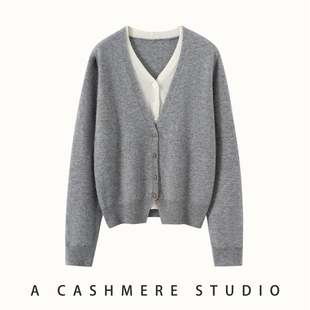 优雅叠穿假两件~2025年秋冬新款山羊绒开衫女士V领羊毛针织外套潮