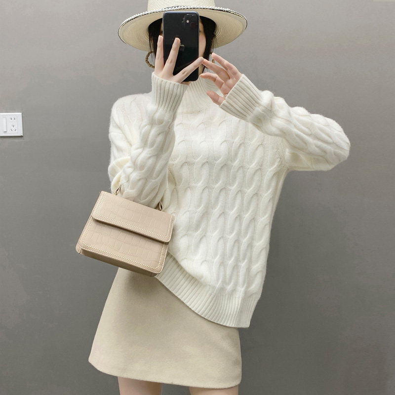 韩系~秋冬新款半高领加厚羊绒衫女士套头麻花羊毛针织打底毛衣