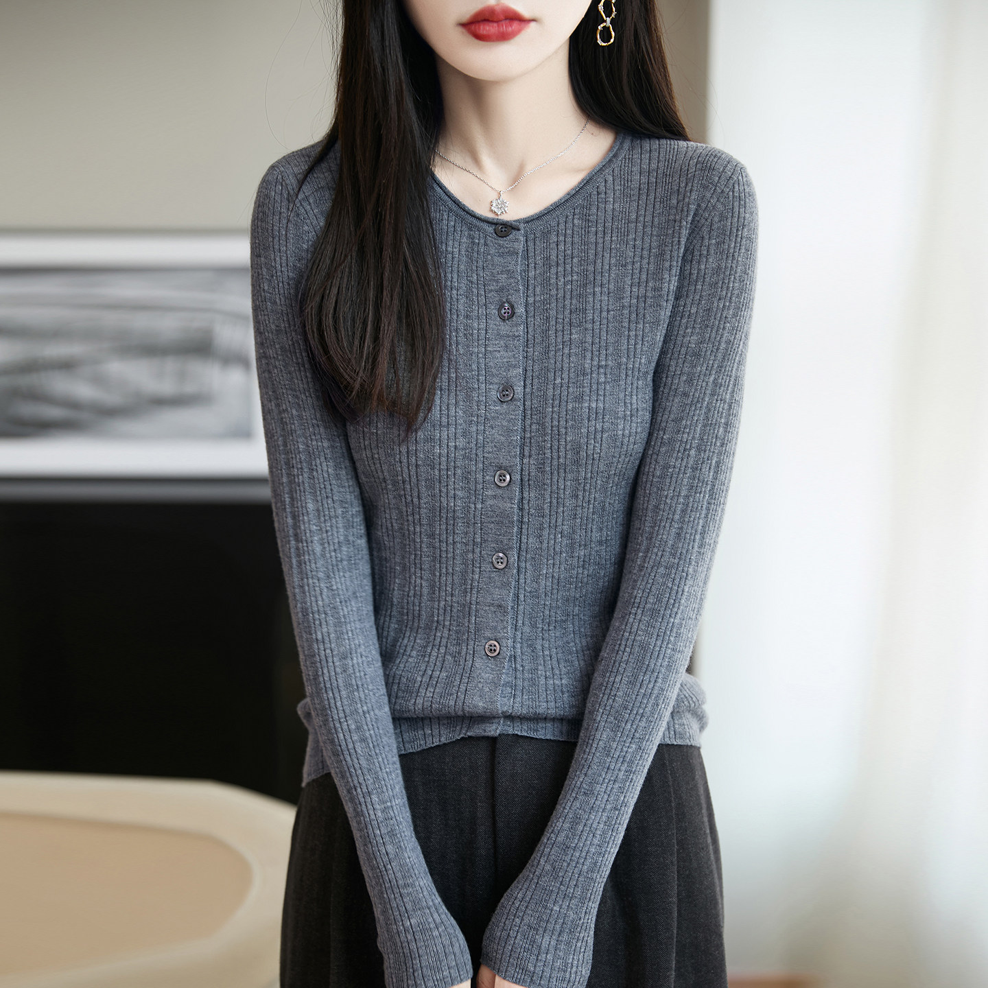 四季穿~48支女士坑条纯羊毛开衫