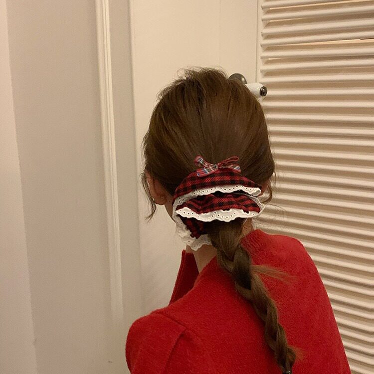 复古红色格子蝴蝶结蕾丝发圈橡皮筋女扎头发绳大肠圈头绳新年发饰