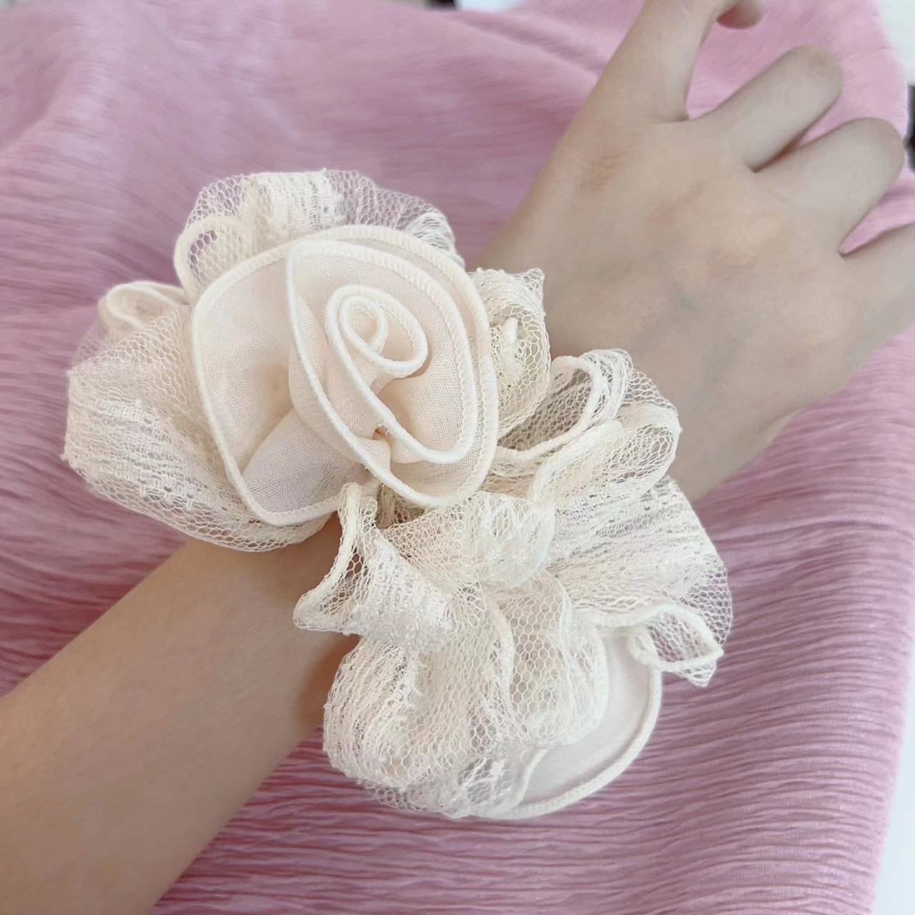 韩国东大门春款性感蕾丝花边玫瑰花立体皮筋气质高级肠圈马尾发绳
