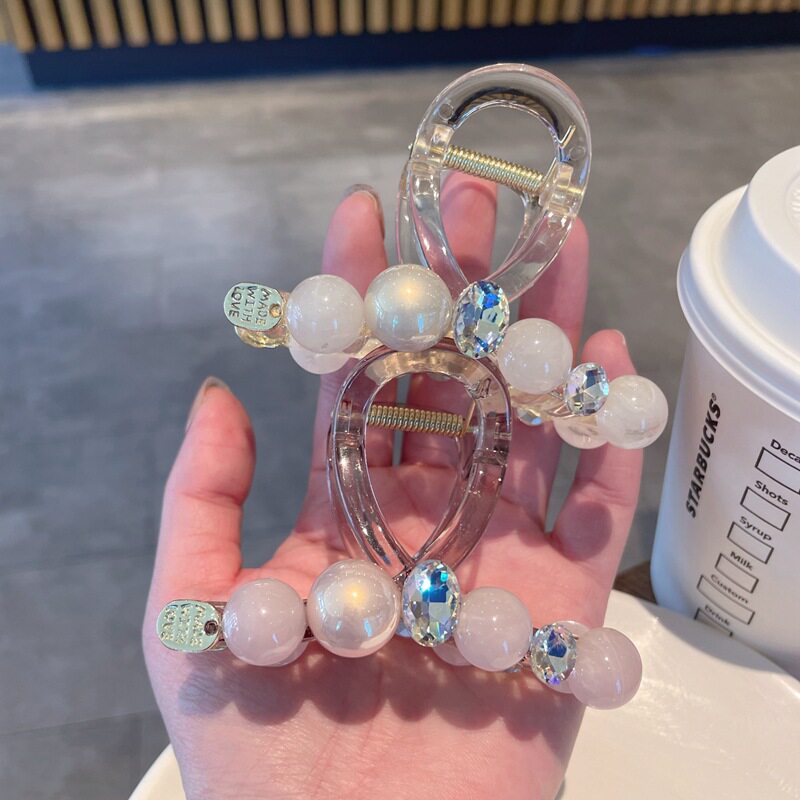 小金标珍珠水钻中号抓夹多发量盘发鲨鱼夹高八字抓质感发夹发卡女