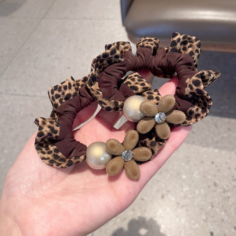 豹纹植绒花朵珍珠水钻大肠发圈