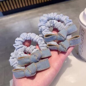 浅牛仔蓝布艺蝴蝶结小肠发圈