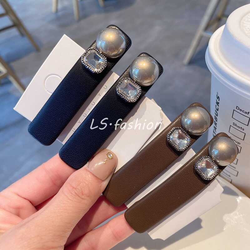 简约皮质bb夹水钻珍珠刘海夹新款森系前额碎发家侧边夹发卡发饰