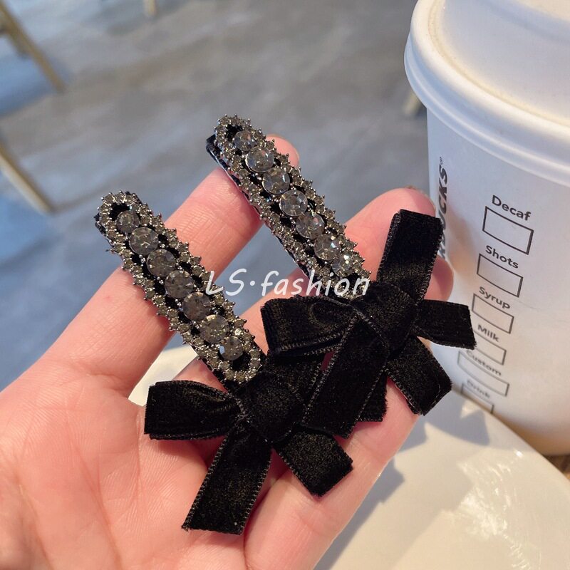 高级感丝绒蝴蝶结鸭嘴夹超闪水钻刘海夹小发卡时尚百搭侧边夹发饰