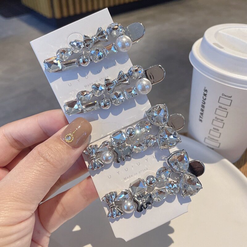 超闪水钻银色合金鸭嘴夹轻奢珍珠高级感发夹侧边夹刘海夹发卡发饰