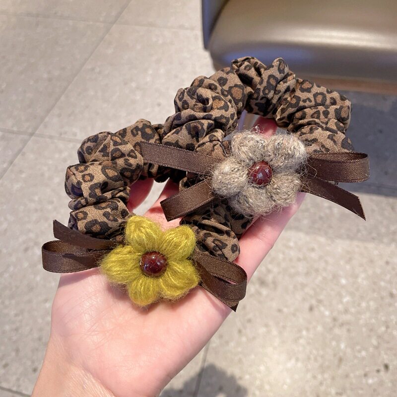 豹纹花朵毛线大肠圈秋冬温柔风