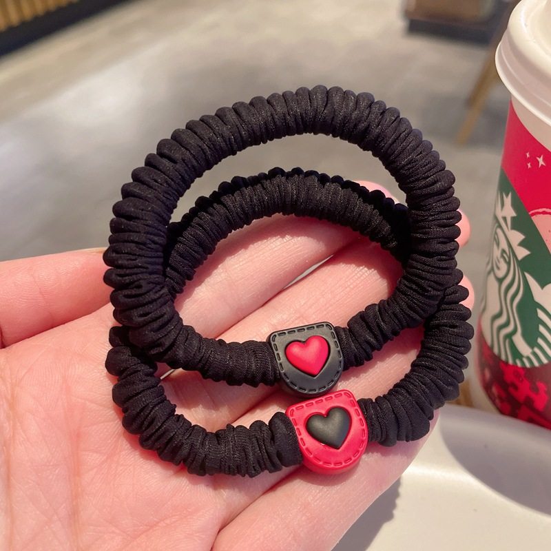 高弹力黑色基础小肠圈红色爱心马尾扎头绳简约发绳橡皮筋女皮套