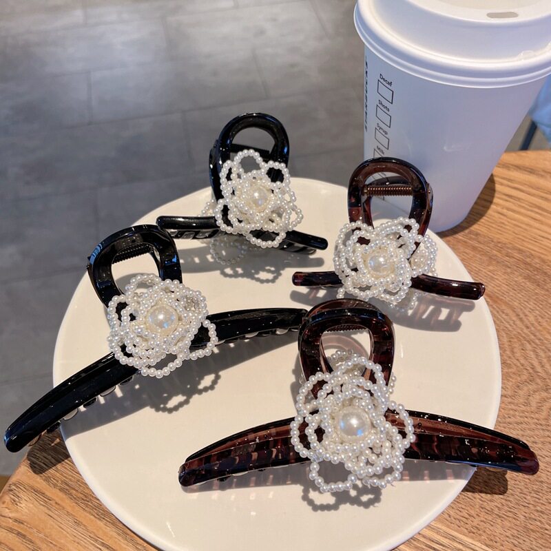 高品质珍珠山茶花大抓夹多发量盘发鲨鱼夹质感发抓夹子发卡发夹