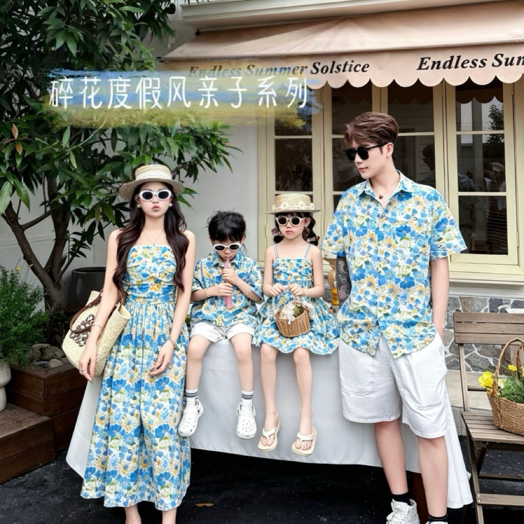 海边度假亲子装碎花衬衫连衣裙夏季一家三口四口旅游拍照全家装潮