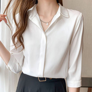 胖MM宽松缎面气质面试正装 女春夏大码 上衣 职业白衬衫 高级感长袖