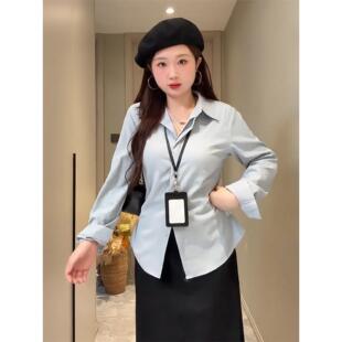 大码胖mm韩系正肩POLO领收腰长袖衬衫女装设计感显瘦衬衣秋季上衣