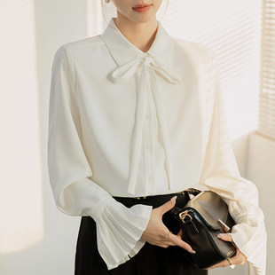 风琴袖白色衬衫女春大码法式领带蝴蝶结职业西装内搭长袖飘带上衣