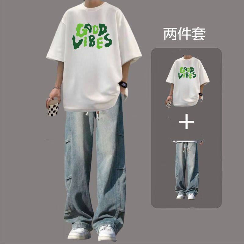 夏季印花t恤短袖套装男士宽松纯棉100%学生一套搭配牛仔长裤