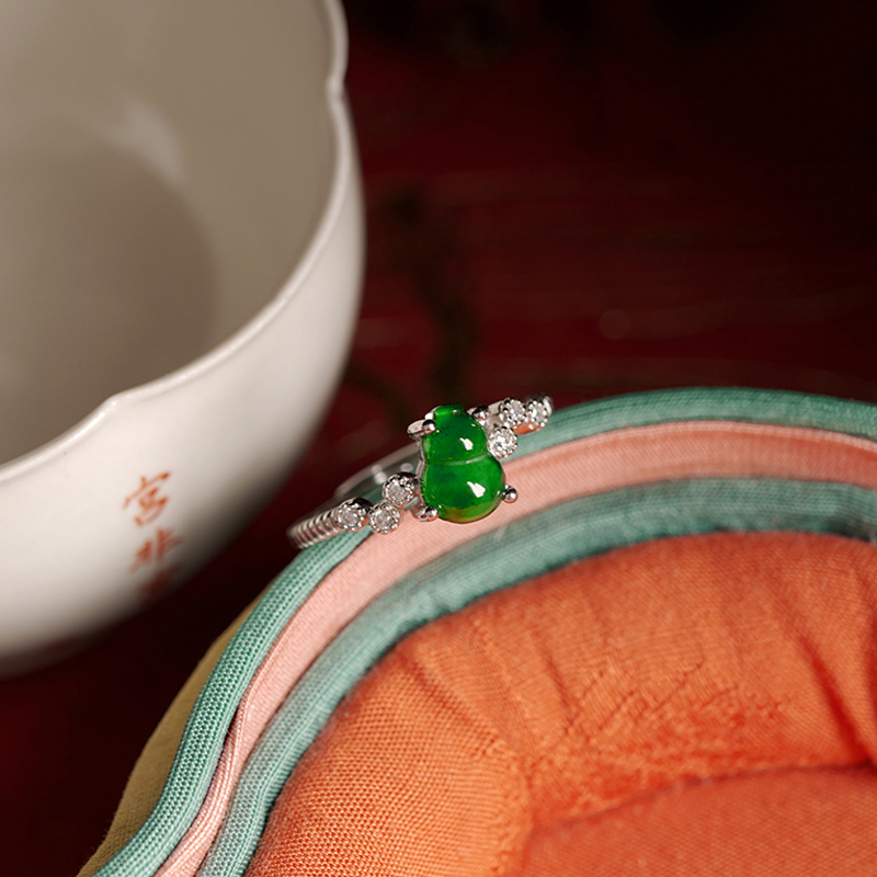 天然翡翠小葫芦戒指925纯银高级