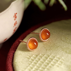 「晴妍」保山南红玛瑙冰红耳钉女纯银包18k玫瑰金高级感新年耳饰