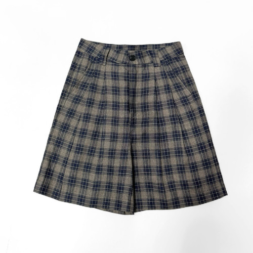 春夏新品进口亚麻复古格子高腰短裤女