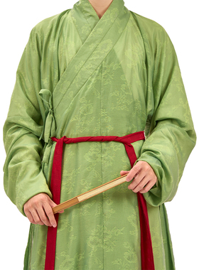 惜物国风明制汉服明初风格春绿色天丝暗纹窄袖打褶圆领袍交领长衫