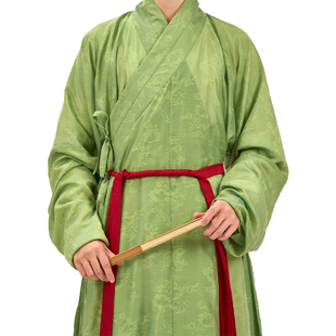 打褶圆领袍交领长衫 惜物国风明制汉服明初风格 春绿色天丝暗纹窄袖