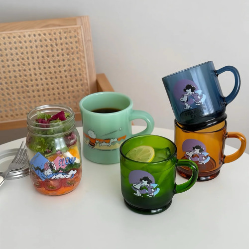 现货 日本制PEANUTS SNOOPY Cafe史努比咖啡馆限定玻璃复古马克杯
