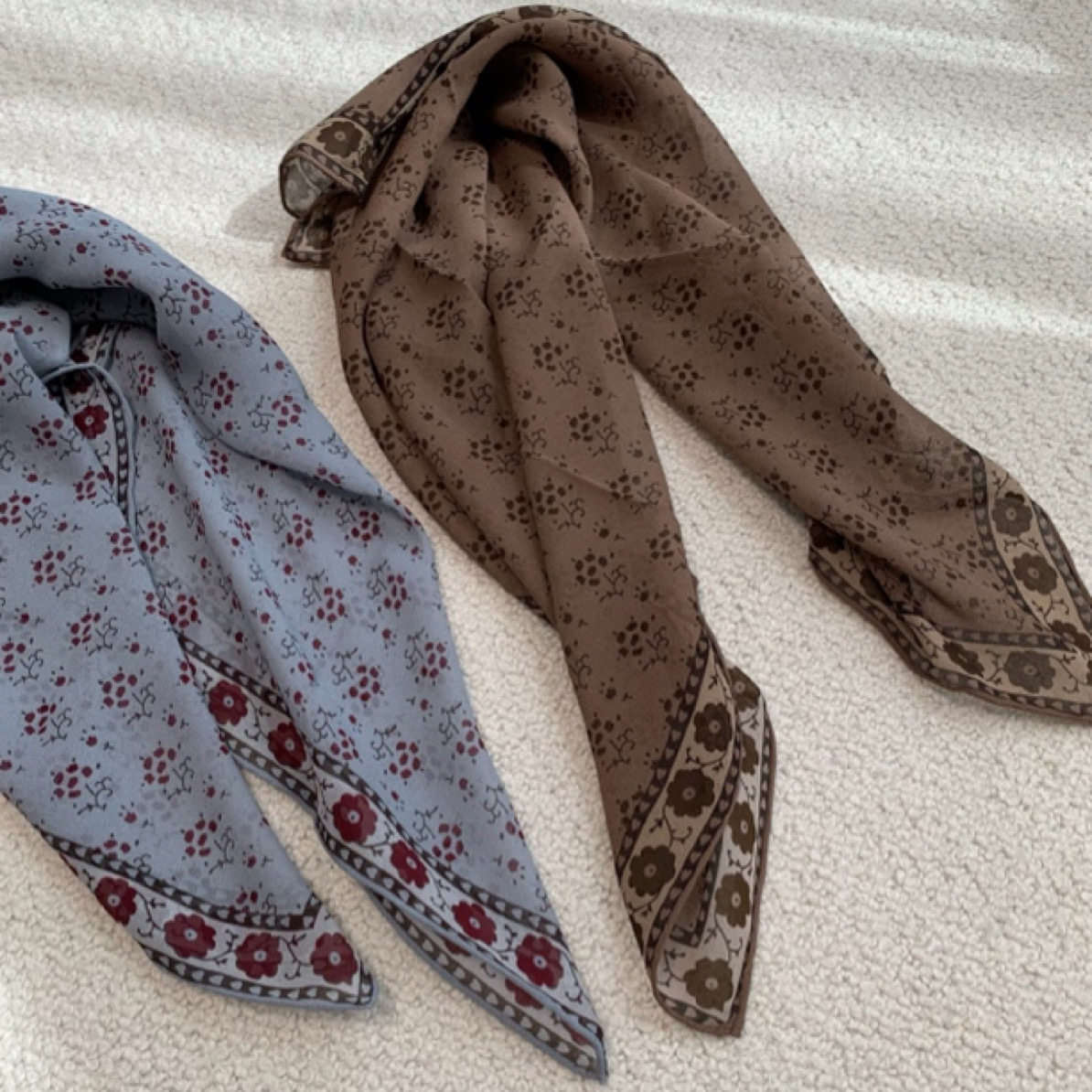 花卉灰蓝 老钱风轻薄乔其纱桑蚕丝丝巾方巾系脖高级感65cm