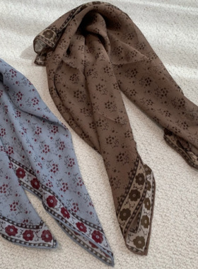 花卉灰蓝 老钱风轻薄乔其纱桑蚕丝丝巾方巾系脖高级感65cm