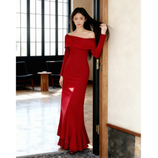 朱砂｜冬法式 刺绣针织连衣裙一字肩新年红色日常敬酒订婚鱼尾礼服