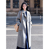 既白｜秋冬高级感复古宽松浅灰色双面羊毛大衣手缝气质长款 呢外套
