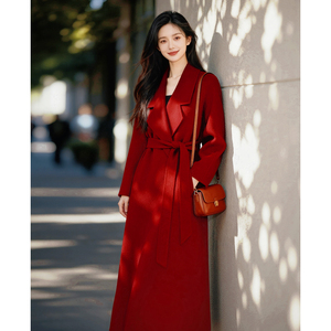 温酒｜圣诞新年氛围感气质红色双面羊毛大衣长款春节小个子外套