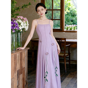 新花满园|春夏紫色立体玫瑰刺绣花朵针织吊带温柔中式修身连衣裙