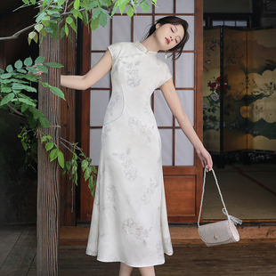 夏曲｜新中式改良旗袍黑白水墨晕染高级感缎面气质短袖鱼尾连衣裙