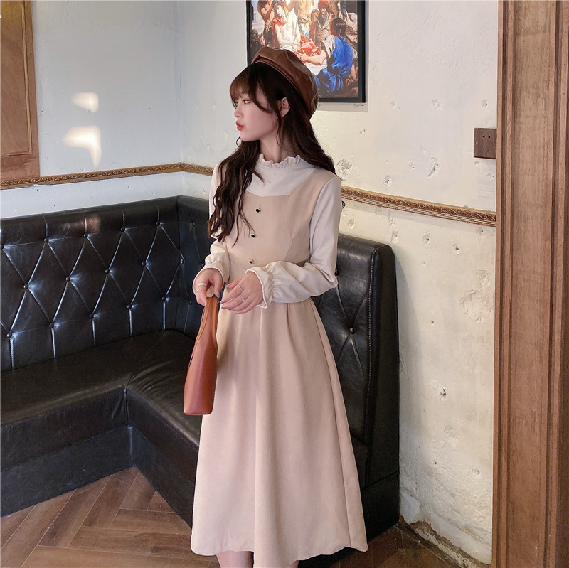 Real shot real price 2021 spring new Korean Edition stitching fake two waist slim age reducing mid length dress