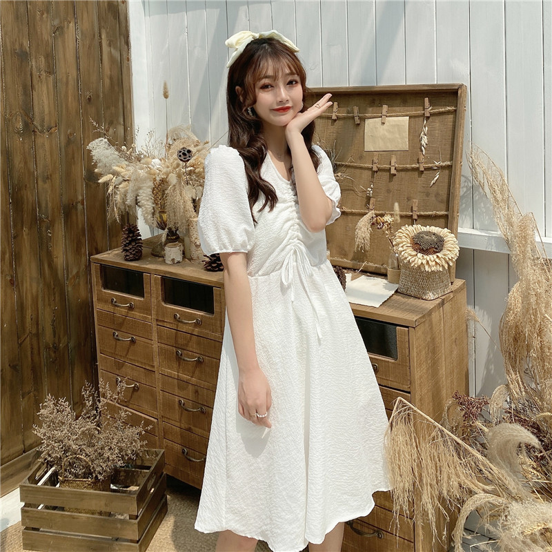 Real price 2021 summer new drawstring pleated V-neck slim dress