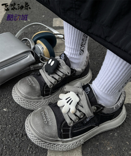 OLDORDER迪士尼米奇联名暗黑做旧百搭帆布鞋男厚底情侣大头鞋