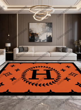 轻奢高级爱马橙色大H地毯客厅沙发茶几毯卧室床边新款潮牌网红垫