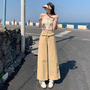 卡其色花边八分阔腿牛仔裤女夏宽松显瘦休闲窄版直筒小个子九分裤