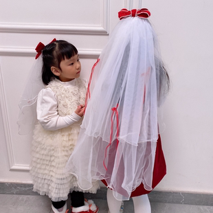 儿童过年喜庆红色蝴蝶结头纱女孩后脑勺白色纱纱发卡公主甜美发饰