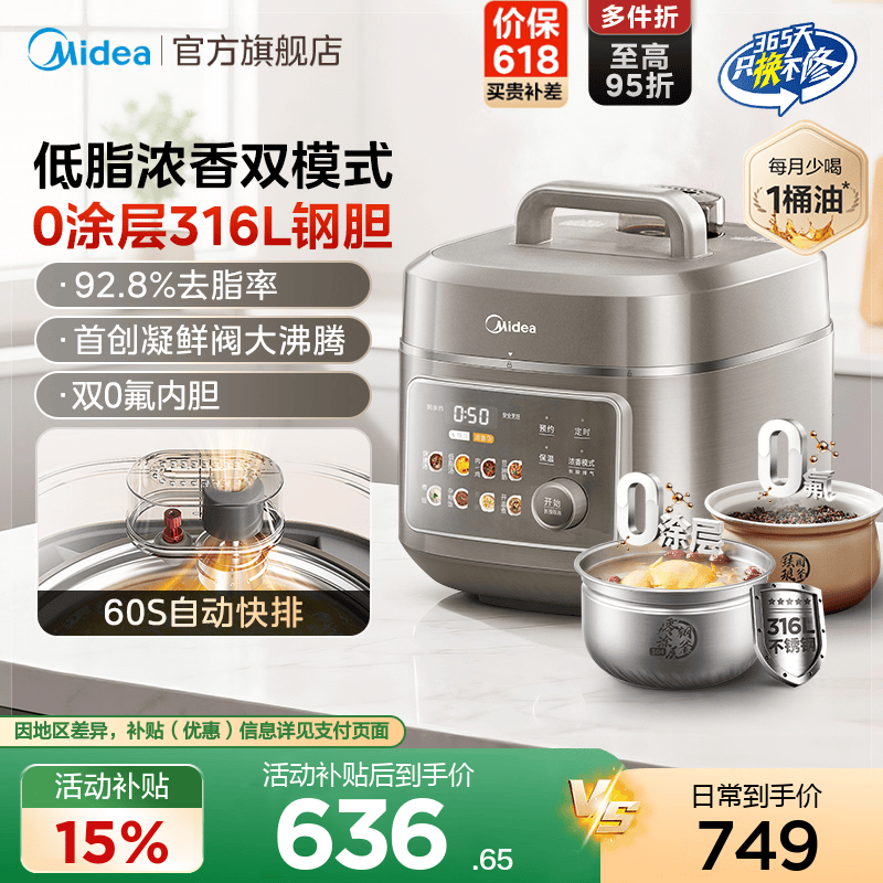 美的0涂层电压力锅家用大容量0氟双胆智能多功能高压锅6L高压饭煲